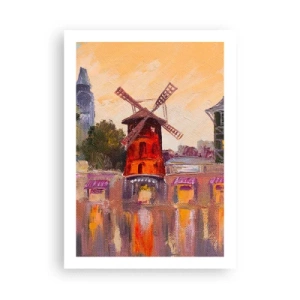 Plakat - Malarska interpretacja słynnego wiatraka na tle miasta - 50x70cm - Paryskie ikony – Moulin Rouge - Nowoczesna dekoracja ścienna do salonu, kuchni i sypialni ARTTOR