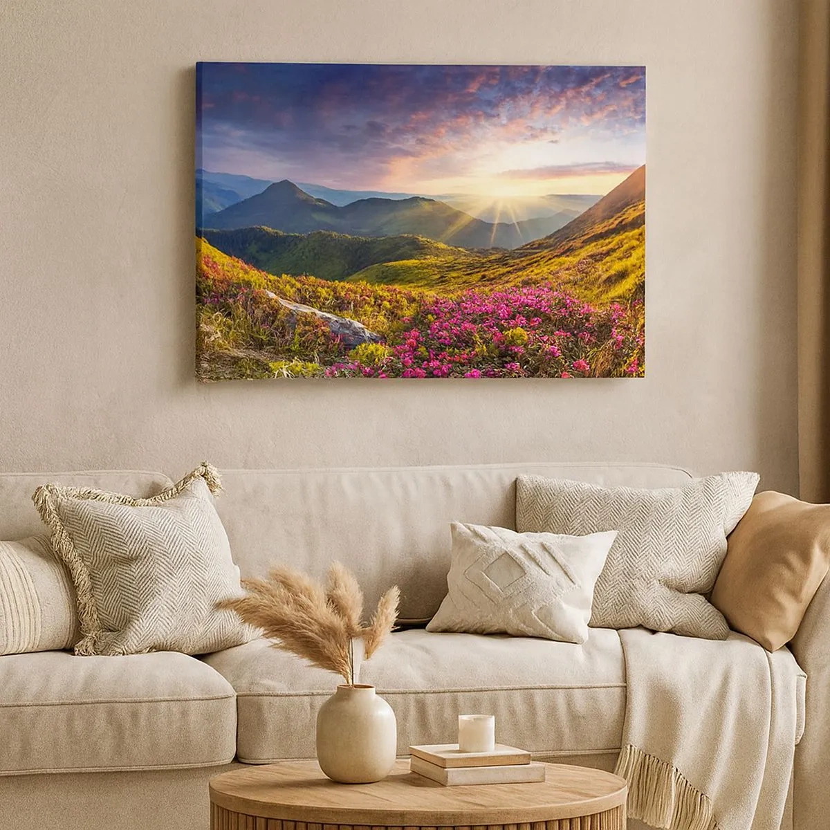 Obraz na płótnie - Górski krajobraz z kwitnącymi rododendronami - 70x50cm - Świeżość górskiego poranka - Nowoczesna dekoracja ścienna do salonu i sypialni ARTTOR