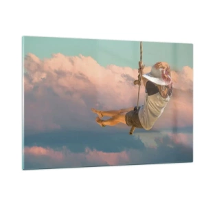 Obraz na szkle - Dziewczyna na huśtawce wśród różowych chmur - 120x80cm - Zabawa w obłokach - Nowoczesna dekoracja ścienna do salonu, kuchni i sypialni ARTTOR