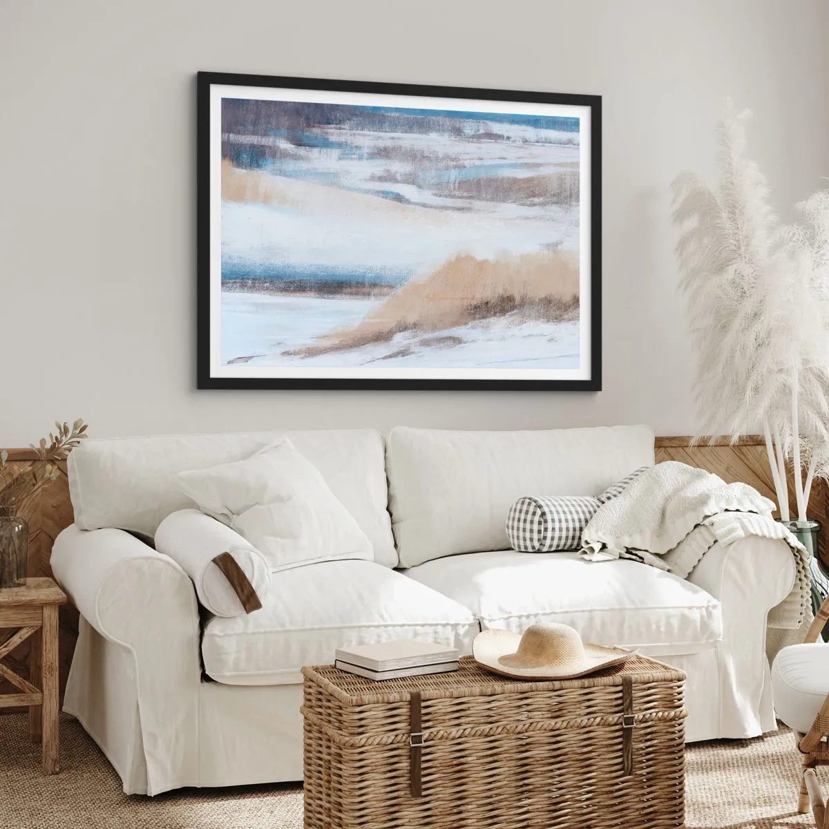 Plakat w czarnej ramie - Abstrakcyjny krajobraz zimowy w odcieniach bieli i błękitu - 70x50cm - Zimowa kompozycja - Nowoczesna dekoracja ścienna do salonu i sypialni ARTTOR