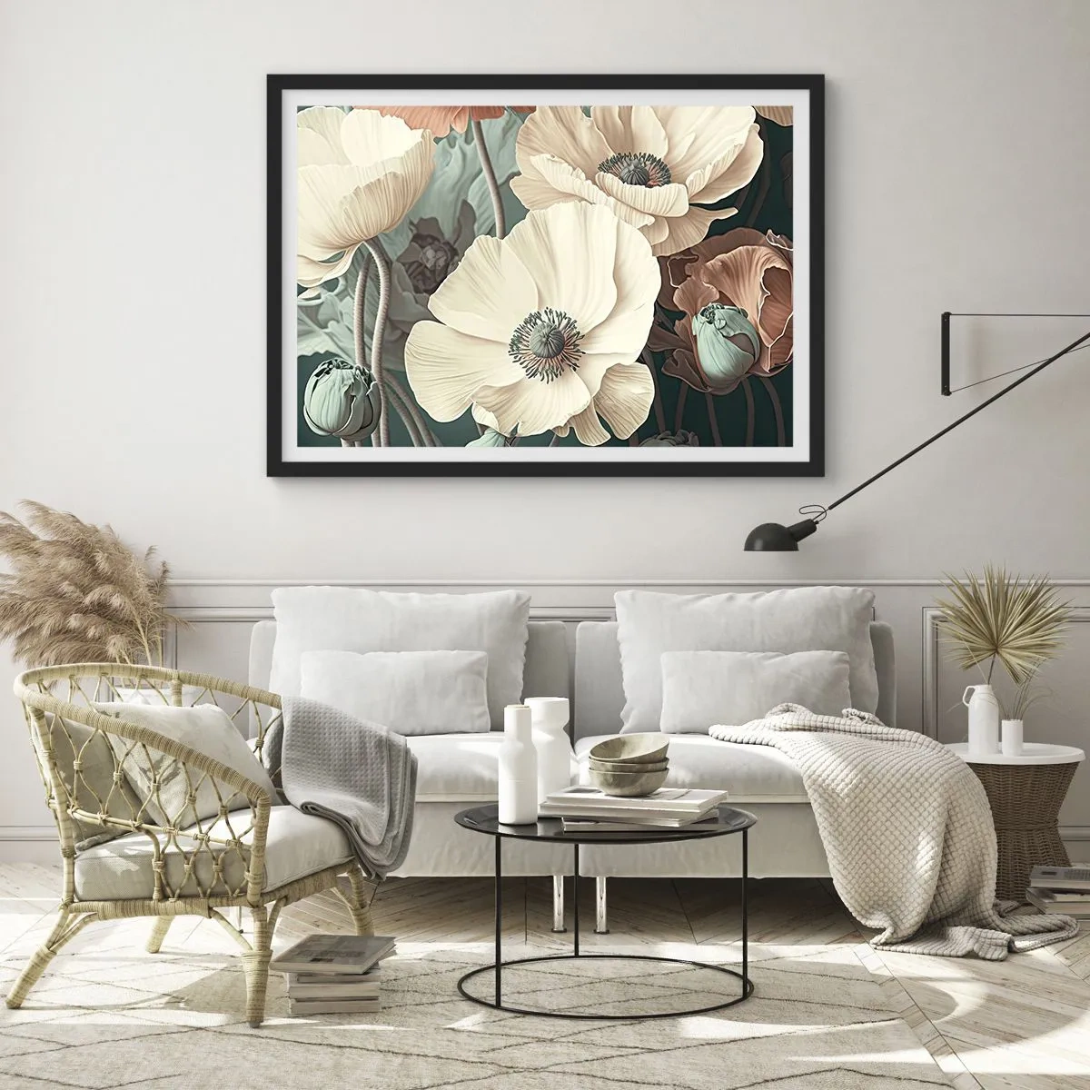 Plakat w czarnej ramie - Eleganckie kwiaty w pastelowych odcieniach na zielonym tle - 70x50cm - Szept maków - Nowoczesna dekoracja ścienna do salonu i sypialni ARTTOR