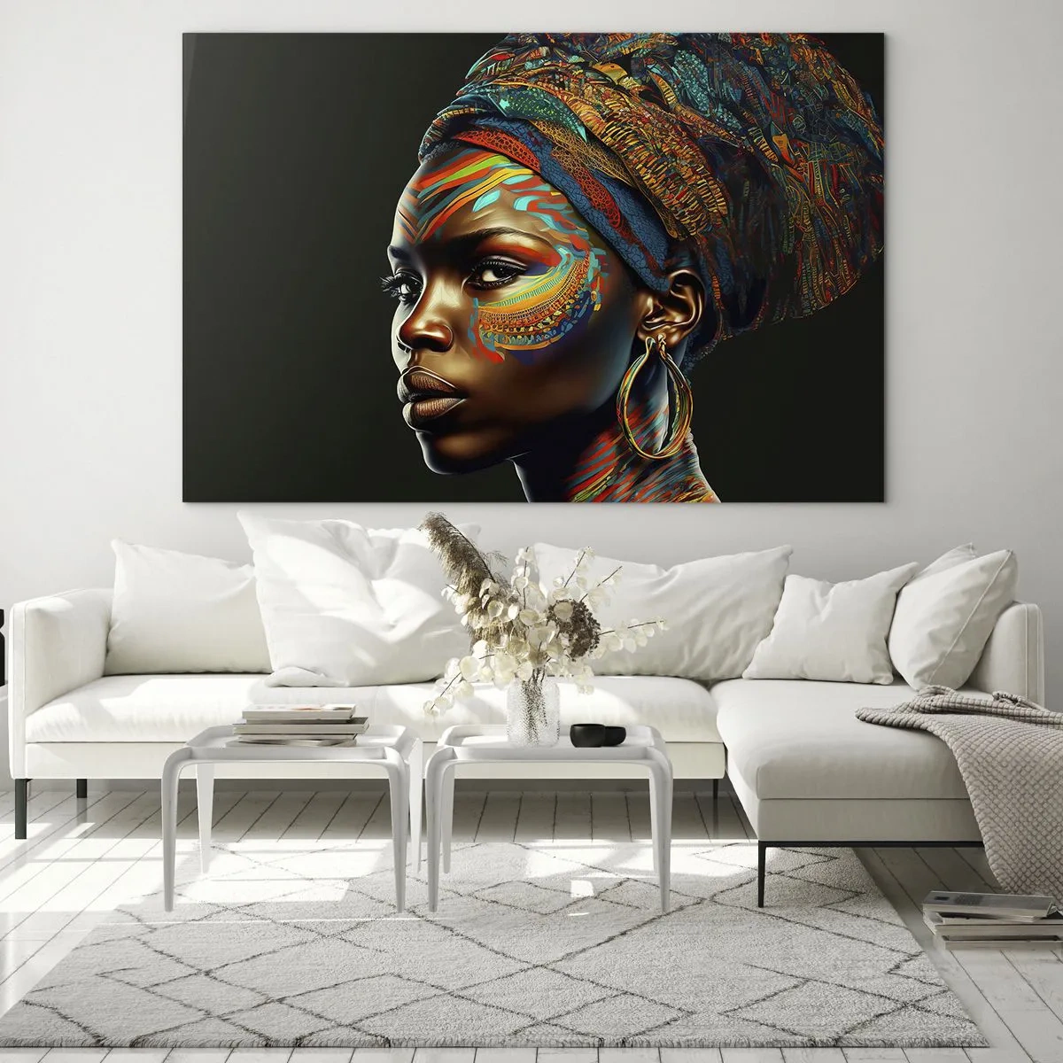Obraz na szkle - Portret kobiety z kolorowym malunkiem i turbanem - 70x50cm - Afrykańska królowa - Nowoczesna dekoracja ścienna do salonu i sypialni ARTTOR