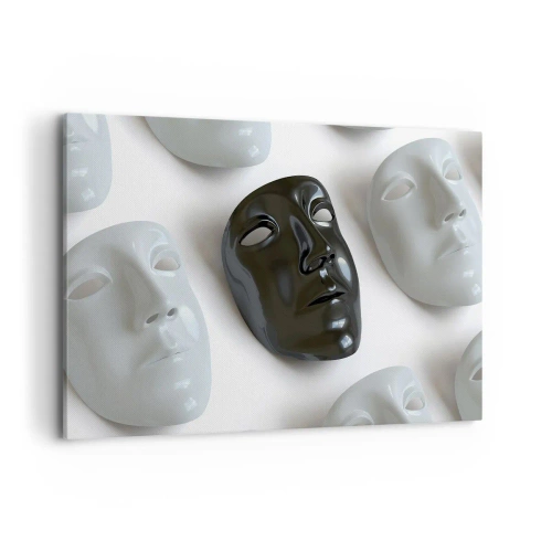 Obraz na płótnie - Czarne i białe maski na jasnym tle - 120x80cm - Jak się wyróżnić? - Nowoczesna dekoracja ścienna do salonu, kuchni i sypialni ARTTOR