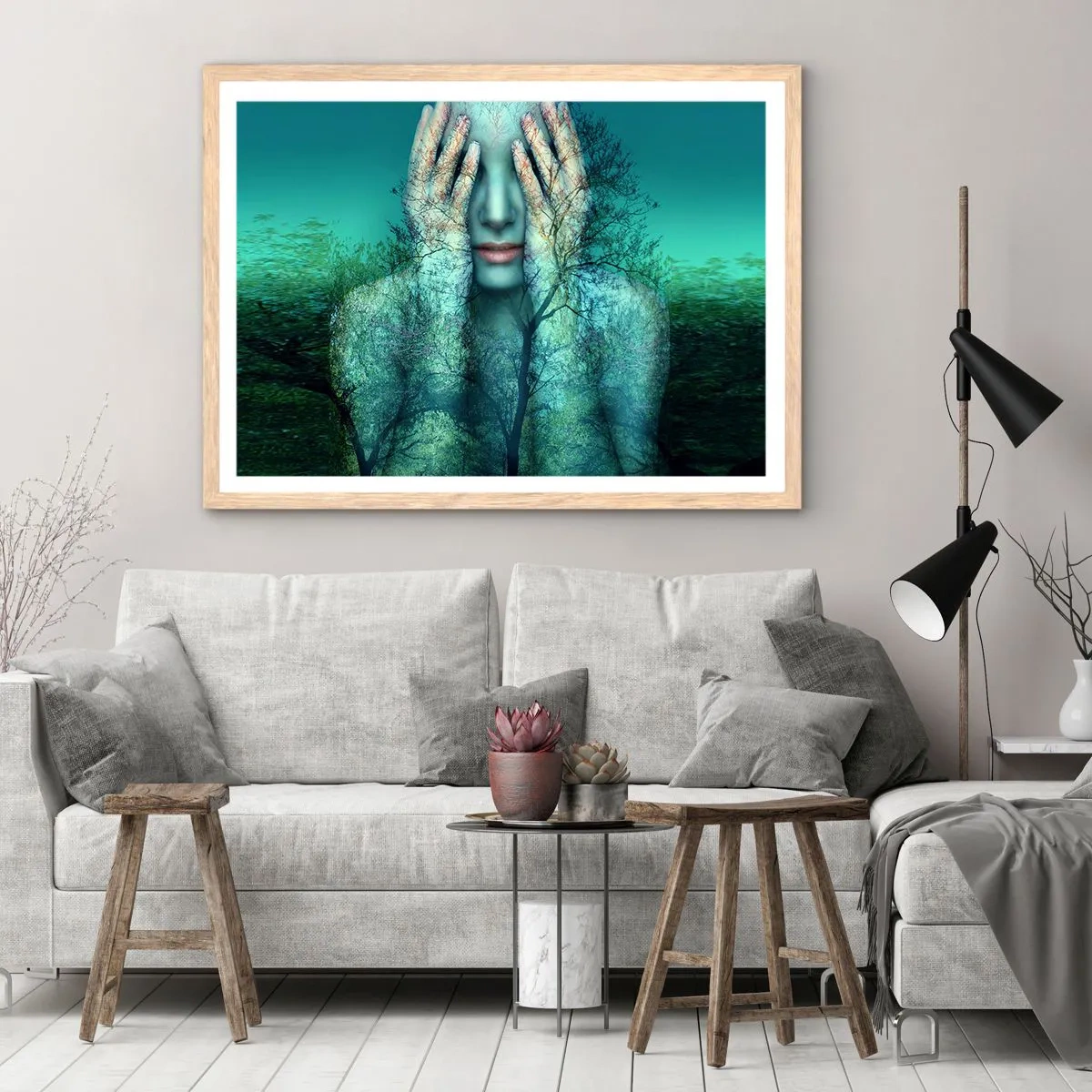 Plakat w ramie jasny dąb - Zanurzona w błękicie - 100x70 cm