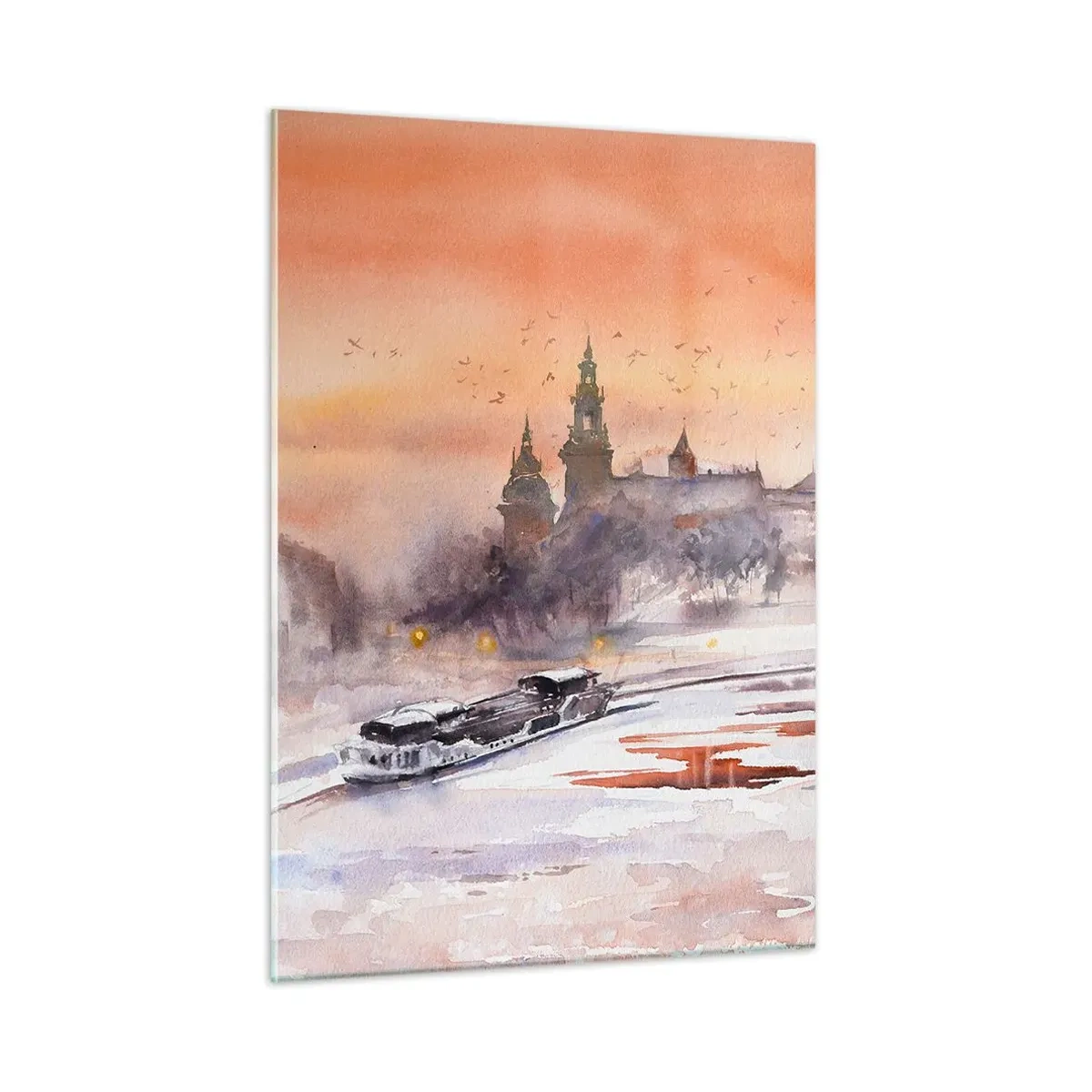 Obraz na szkle - Zachód słońca nad zamkiem królewskim i rzeką zimą - 50x70cm - Królewski zachód słońca - Nowoczesna dekoracja ścienna do salonu, kuchni i sypialni ARTTOR