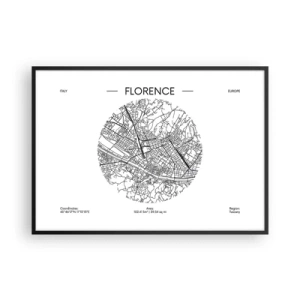 Plakat w czarnej ramie - Mapa Florencji w minimalistycznym, czarno-białym stylu - 100x70cm - Anatomia Florencji - Nowoczesna dekoracja ścienna do salonu i sypialni ARTTOR