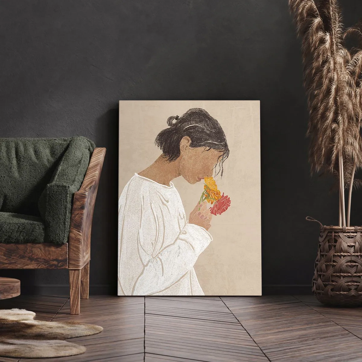 Obraz na płótnie - Kobieta w białej bluzie wąchająca kolorowe kwiaty na beżowym tle - 70x100cm - Dziewczyna i kwiaty - Nowoczesna dekoracja ścienna do salonu i sypialni ARTTOR