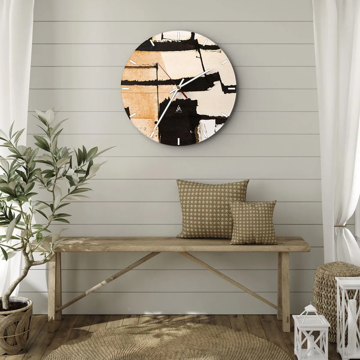 Zegar ścienny - Abstrakcyjna kompozycja geometryczna w beżach i czerni - 30x30cm - Jednak porządek - Nowoczesna dekoracja ścienna do salonu, kuchni i sypialni ARTTOR