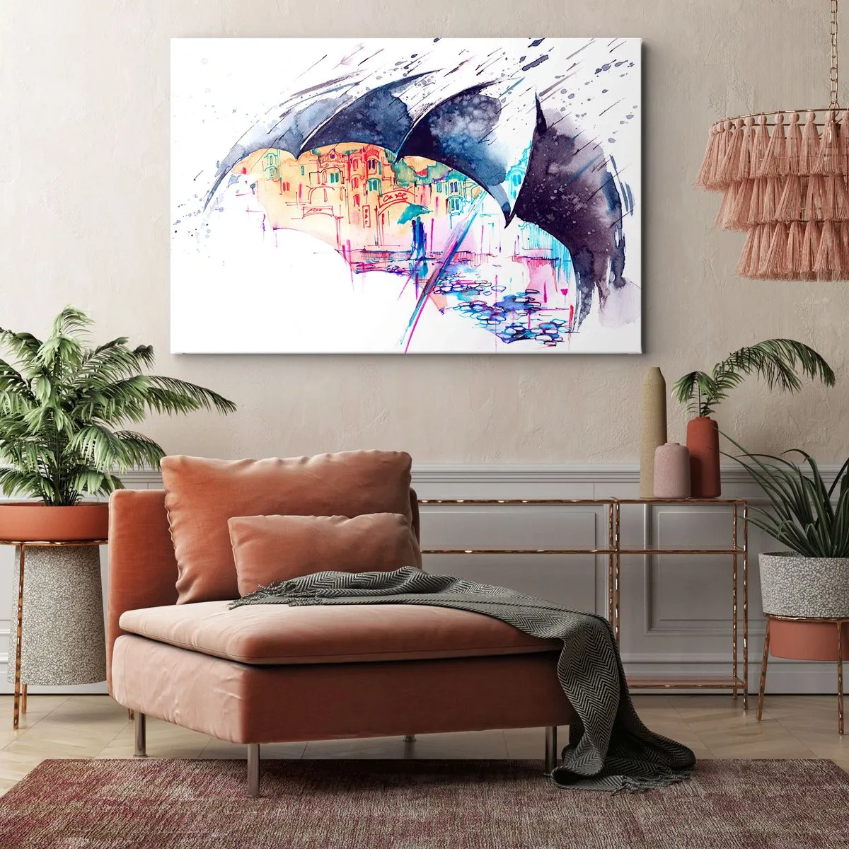 Obraz na płótnie - Kolorowe miasto ukryte pod abstrakcyjnymi parasolami - 70x50cm - Spacer w deszczu - Nowoczesna dekoracja ścienna do salonu i sypialni ARTTOR