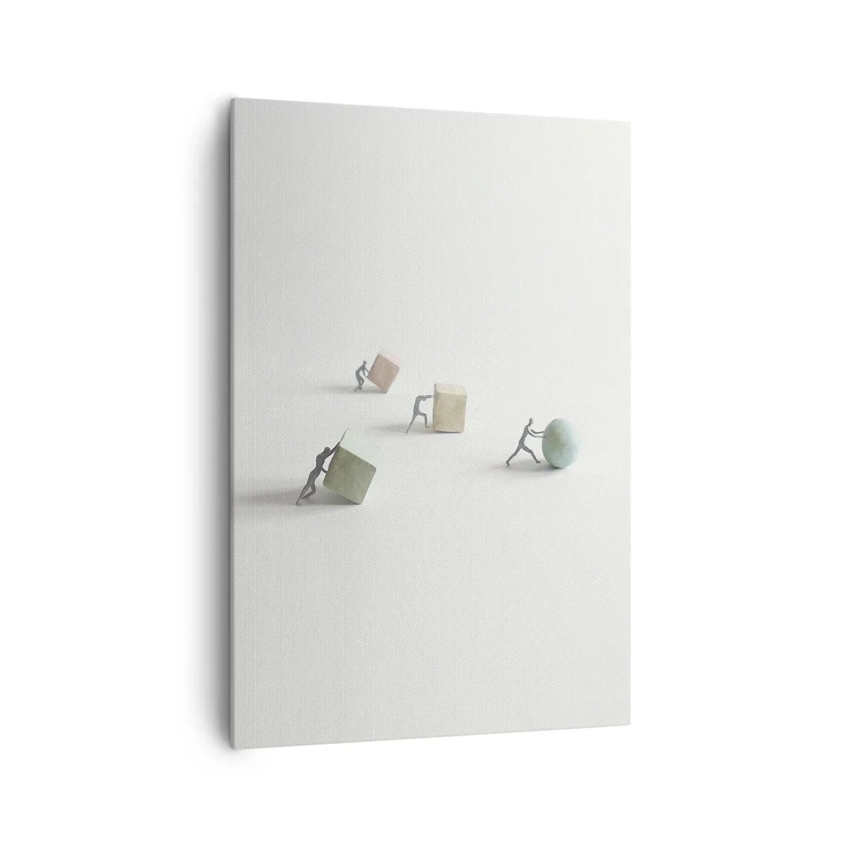 Obraz na płótnie - Miniaturowe postacie pchające kształty na jasnym tle - 70x100cm - Samo życie - Nowoczesna dekoracja ścienna do salonu i sypialni ARTTOR