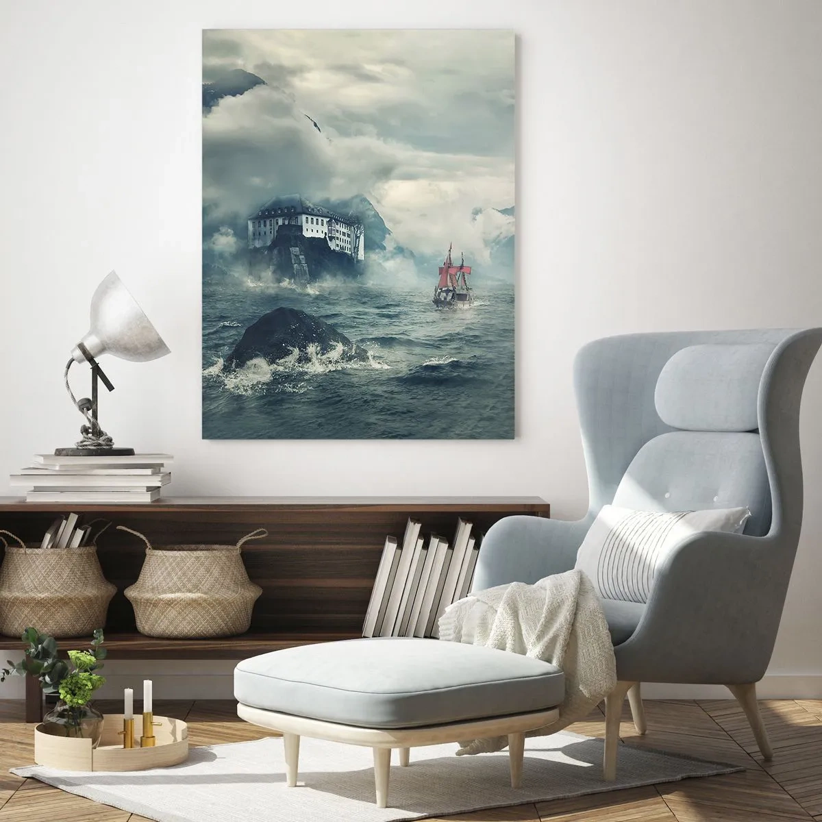 Obraz na szkle - Statek na wzburzonym morzu z zamkiem w tle - 50x70cm - Na magicznych wodach - Nowoczesna dekoracja ścienna do salonu, kuchni i sypialni ARTTOR