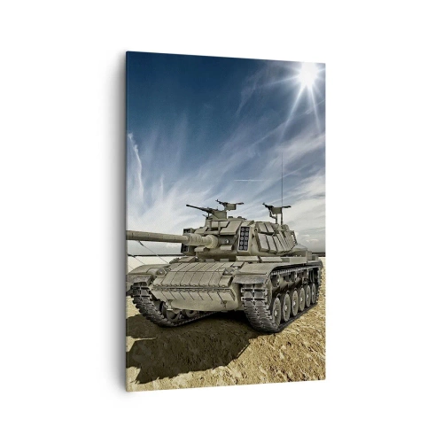 Obraz na płótnie - Czołg obok wojskowego namiotu na pustynnym terenie - 80x120cm - Militarny sen - Nowoczesna dekoracja ścienna do salonu i sypialni ARTTOR
