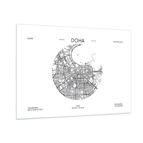 Obraz na szkle - Graficzna mapa Dohy w czarno-białym stylu minimalistycznym - 100x70cm - Anatomia Dohy - Nowoczesna dekoracja ścienna do salonu, kuchni i sypialni ARTTOR