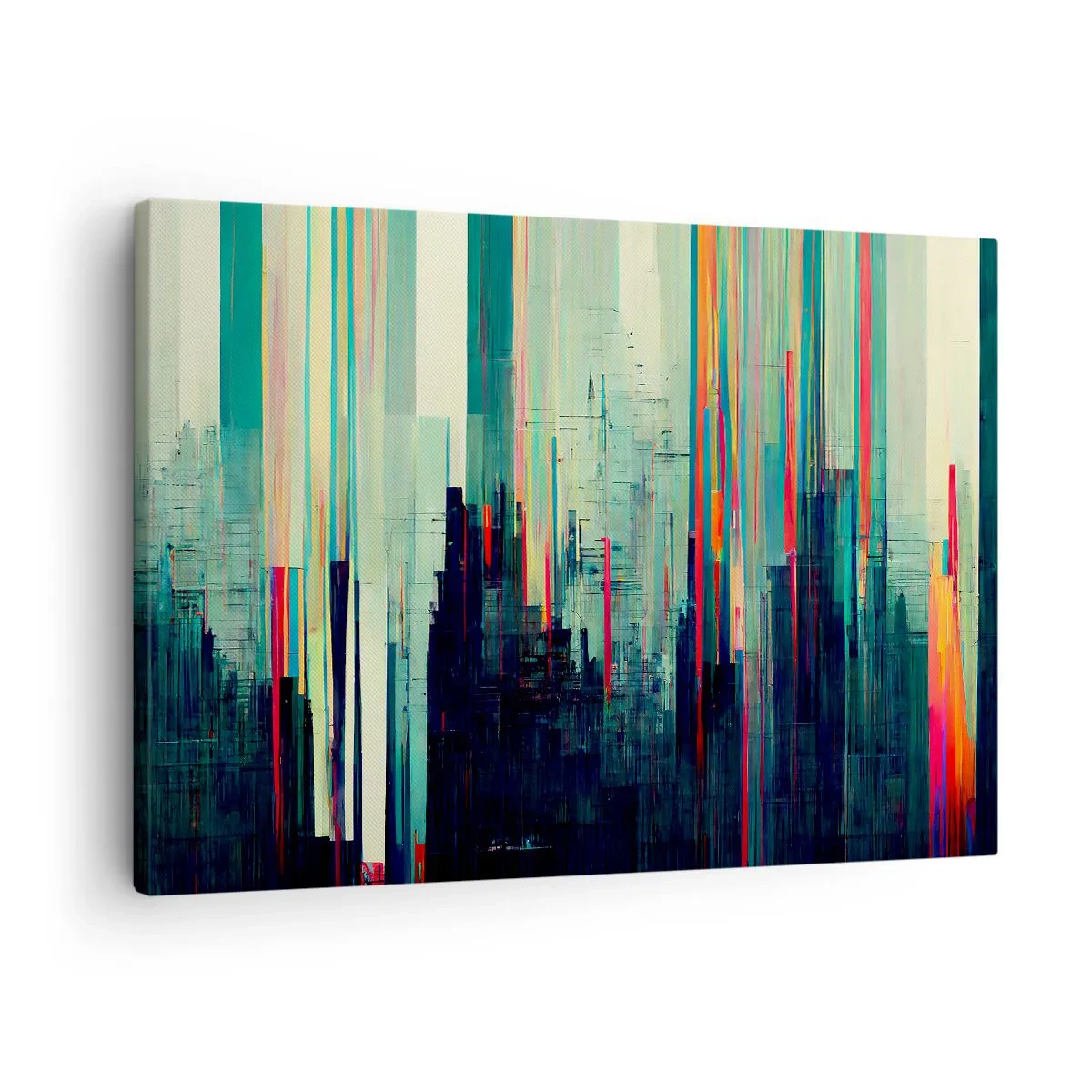 Obraz na płótnie - Abstrakcja z pionowymi liniami i miejską panoramą - 70x50cm - Futurystyczne miasto - Nowoczesna dekoracja ścienna do salonu i sypialni ARTTOR