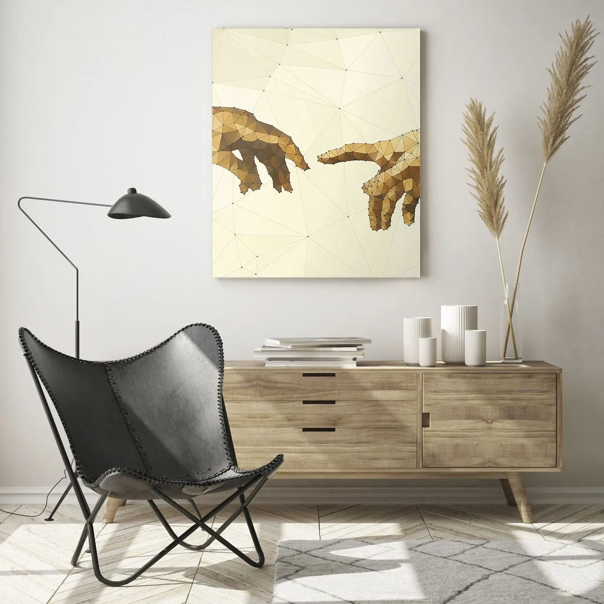 Obraz na szkle - Geometryczne dłonie wyciągające się ku sobie na jasnym tle - 80x120cm - Boska geometria - Nowoczesna dekoracja ścienna do salonu i sypialni ARTTOR