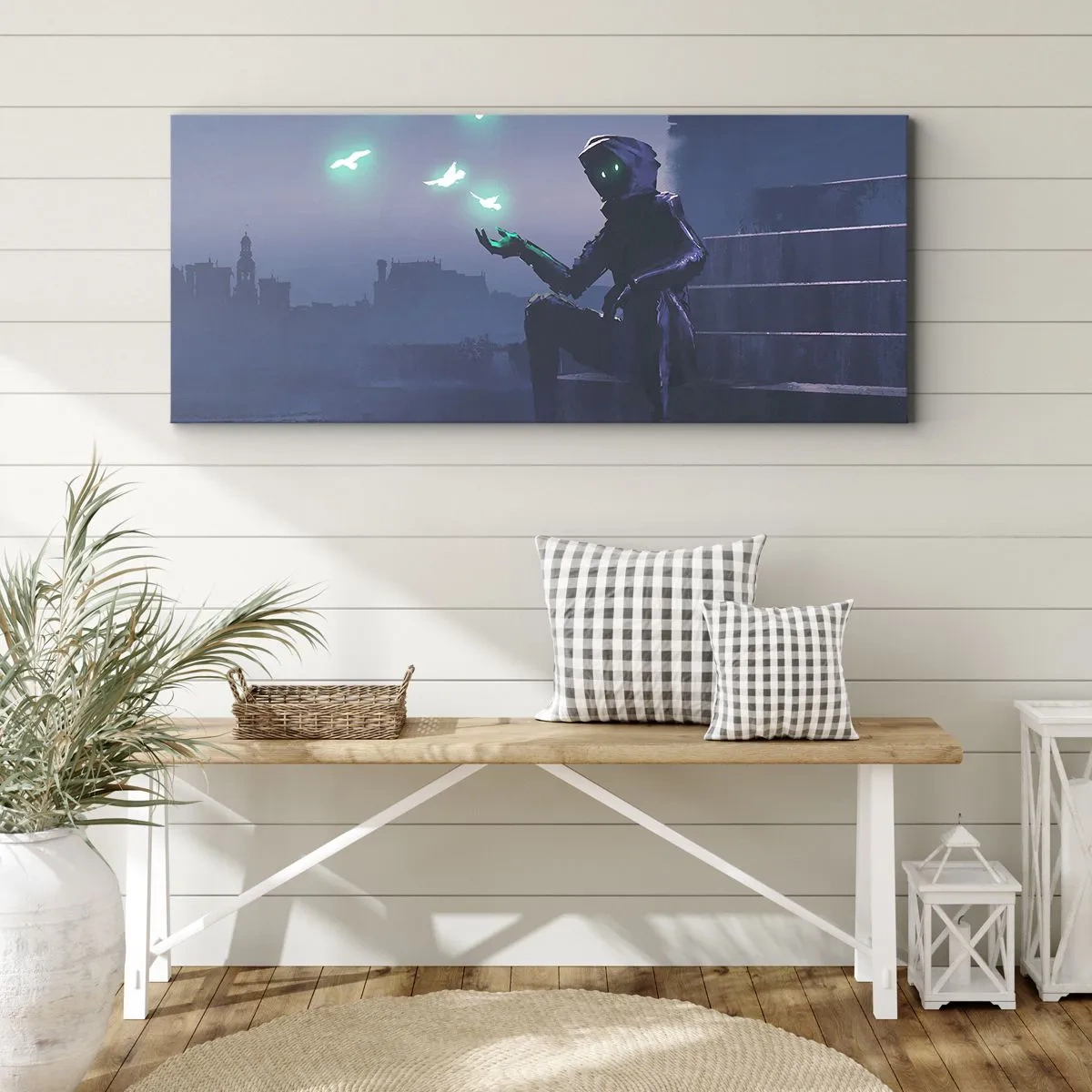 Obraz na płótnie - Postać w kapturze z magicznymi ptakami na tle miasta - 160x50cm - Życie powróci - Nowoczesna dekoracja ścienna do salonu i sypialni ARTTOR