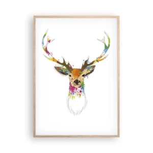 Plakat w ramie jasny dąb - Łagodny jelonek skąpany w kolorze - 70x100 cm