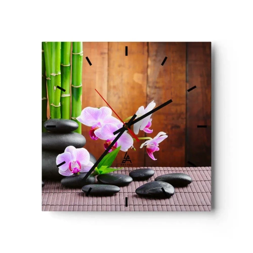Zegar ścienny - Bambus, kamienie i różowe orchidee w stylu Zen na tle drewna - 30x30cm - Poznaj przyjemności wschodu - Nowoczesna dekoracja ścienna do salonu i sypialni ARTTOR