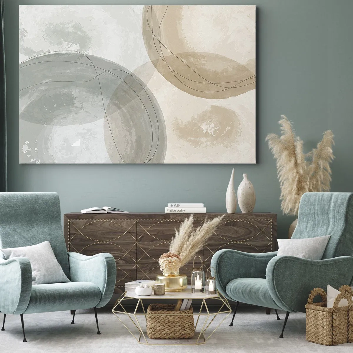 Obraz na płótnie - Abstrakcyjna kompozycja w pastelowych barwach z liniami - 70x50cm - Przenikanie światów - Nowoczesna dekoracja ścienna do salonu i sypialni ARTTOR
