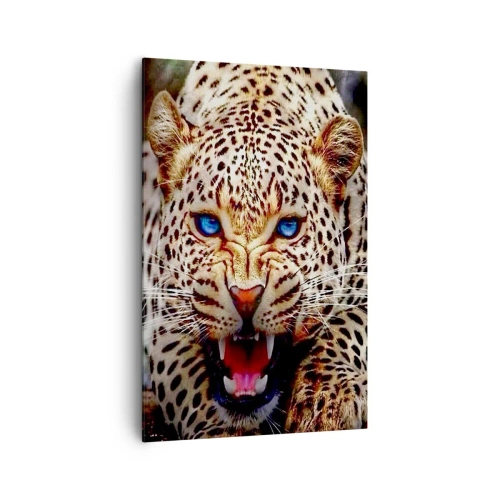 Obraz na płótnie - Groźny leopard z intensywnie błękitnymi oczami - 80x120cm - Złość piękności nie szkodzi - Nowoczesna dekoracja ścienna do salonu i sypialni ARTTOR