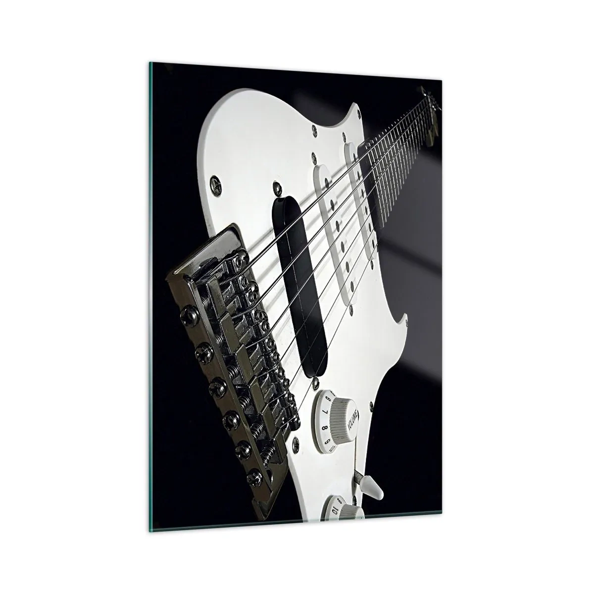 Obraz na szkle - Zbliżenie na białą gitarę elektryczną na ciemnym tle - 50x70cm - Ukryty w bieli dźwięk - Nowoczesna dekoracja ścienna do salonu, kuchni i sypialni ARTTOR