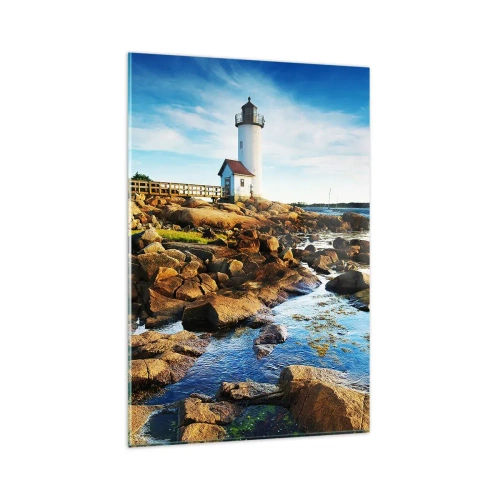 Obraz na szkle - Latarnia morska na skalistym wybrzeżu w słoneczny dzień - 80x120cm - Wracajcie szczęśliwie, czekam - Nowoczesna dekoracja ścienna do salonu i sypialni ARTTOR