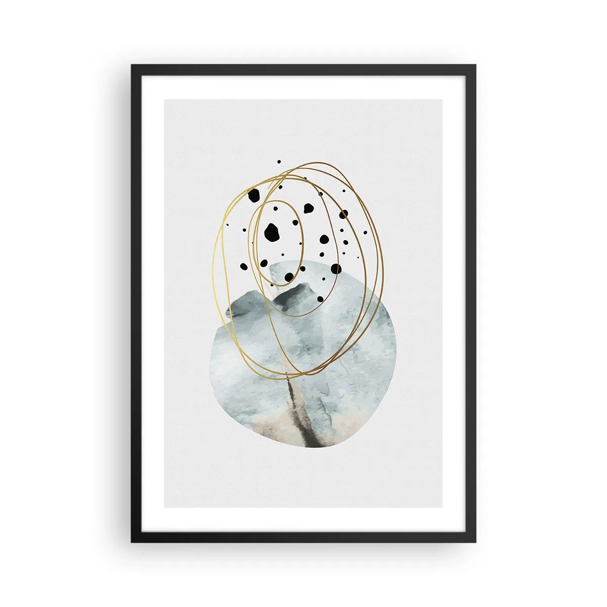 Plakat w czarnej ramie - Minimalistyczna abstrakcja z akcentami złota i błękitu - 50x70cm - W objęciach przestrzeni - Nowoczesna dekoracja ścienna do salonu i sypialni ARTTOR