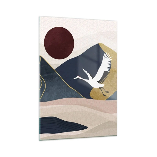 Obraz na szkle - Dwa żurawie lecące nad falistym krajobrazem z czerwonym słońcem - 50x70cm - I znowu ZLECIAŁ dzień - Nowoczesna dekoracja ścienna do salonu, kuchni i sypialni ARTTOR