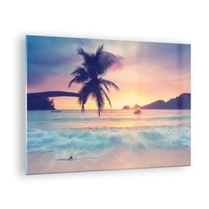 Obraz na szkle - Plaża z palmą o zachodzie słońca z łodzią na horyzoncie - 70x50cm - Wieczór w zatoce - Nowoczesna dekoracja ścienna do salonu i sypialni ARTTOR