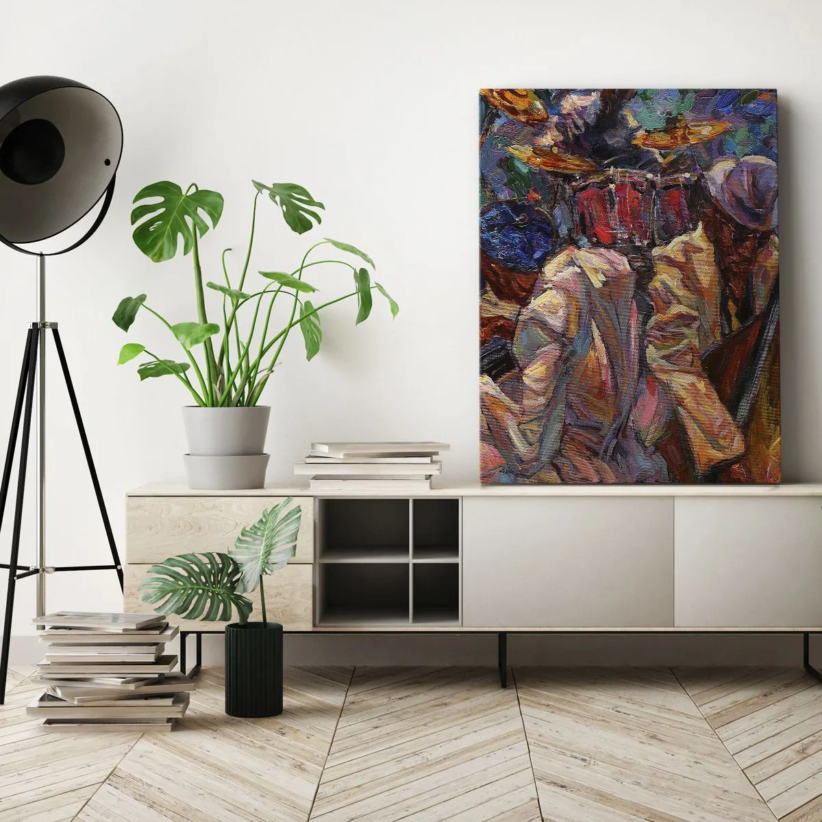 Obraz na płótnie - Energetyczna scena jazzowa z muzykami i instrumentami - 80x120cm - W jednym rytmie - Nowoczesna dekoracja ścienna do salonu i sypialni ARTTOR