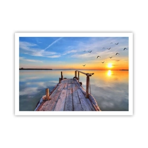 Plakat - Drewniane molo o zachodzie słońca na spokojnym jeziorze - 100x70cm - Iść przed siebie ku słońcu - Nowoczesna dekoracja ścienna do salonu i sypialni ARTTOR