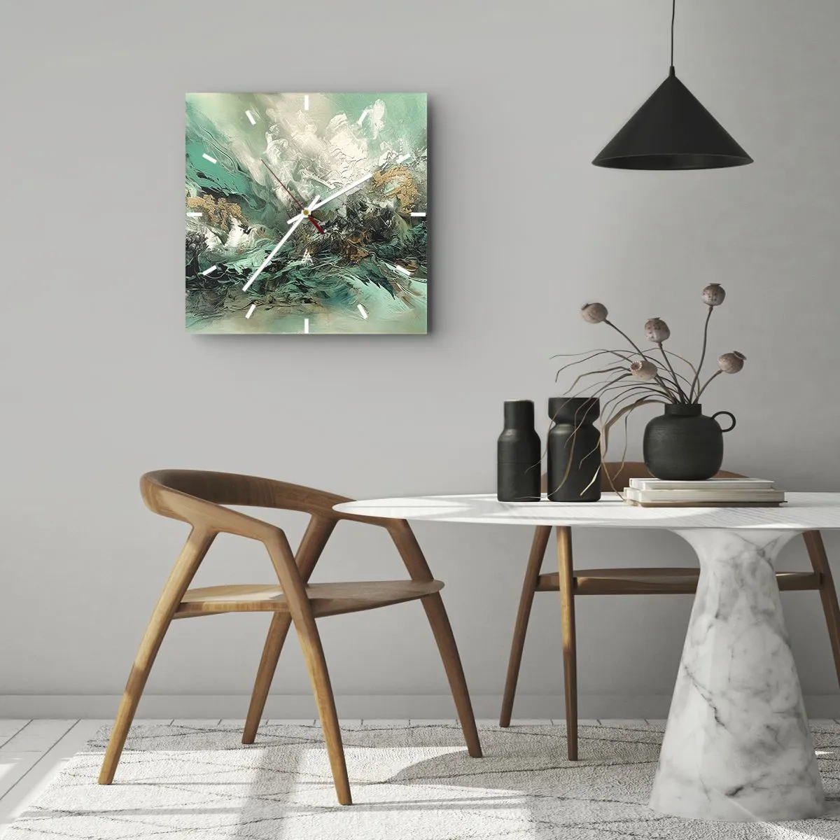 Zegar ścienny - Abstrakcyjny pejzaż w odcieniach zieleni i złota - 30x30cm - Szmaragdowo-czarna kipiel - Nowoczesna dekoracja ścienna do salonu i sypialni ARTTOR