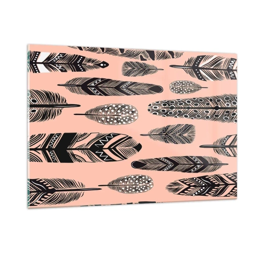 Obraz na szkle - Dekoracyjne pióra w czarno-białe wzory na różowym tle - 120x80cm - Indiańska kolekcja - Nowoczesna dekoracja ścienna do salonu, kuchni i sypialni ARTTOR