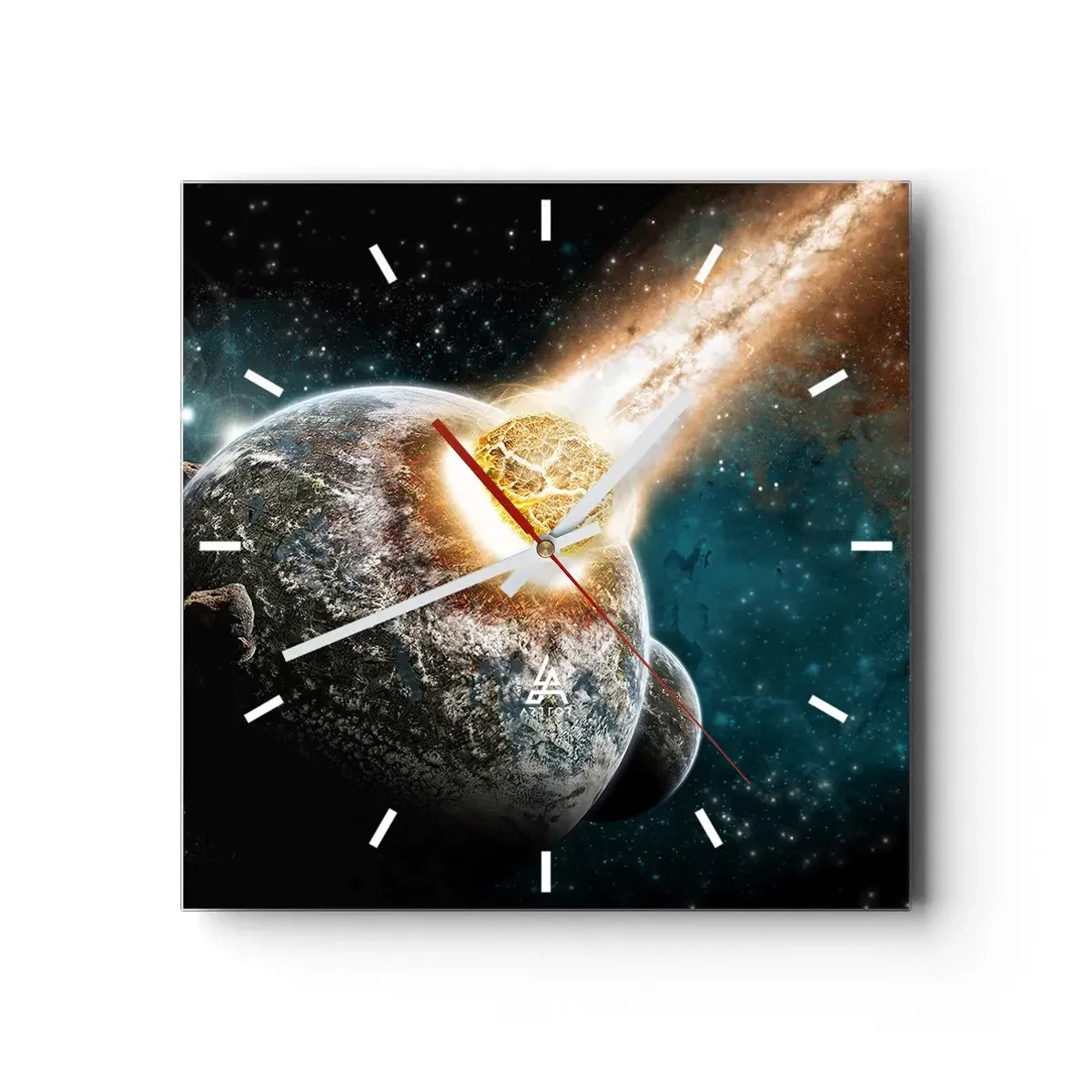 Zegar ścienny - Kosmiczna kolizja planety z asteroidą w otoczeniu galaktyki. - 30x30cm - Zagłada czy narodziny? - Nowoczesna dekoracja ścienna do salonu i sypialni ARTTOR