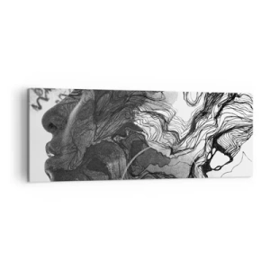 Obraz na płótnie - Abstrakcyjna twarz w czerni i bieli z dynamicznymi liniami - 140x50cm - Zaplątana w marzeniach - Nowoczesna dekoracja ścienna do salonu i sypialni ARTTOR