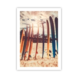 Plakat - Kolorowe deski surfingowe na tle plaży i palm - 50x70cm - Dobranoc, do jutra - Nowoczesna dekoracja ścienna do salonu, kuchni i sypialni ARTTOR