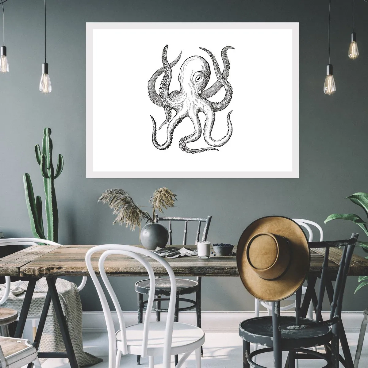 Plakat - Czarno-biały rysunek ośmiornicy na białym tle w stylu vintage - 100x70cm - Tańcząca z falami - Nowoczesna dekoracja ścienna do salonu i sypialni ARTTOR