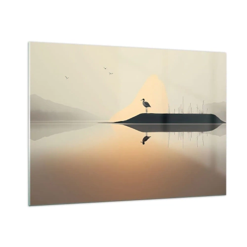 Obraz na szkle - Czapla stojąca na wysepce wśród spokojnych wód jeziora - 100x70cm - Pan na jeziorze - Nowoczesna dekoracja ścienna do salonu, kuchni i sypialni ARTTOR