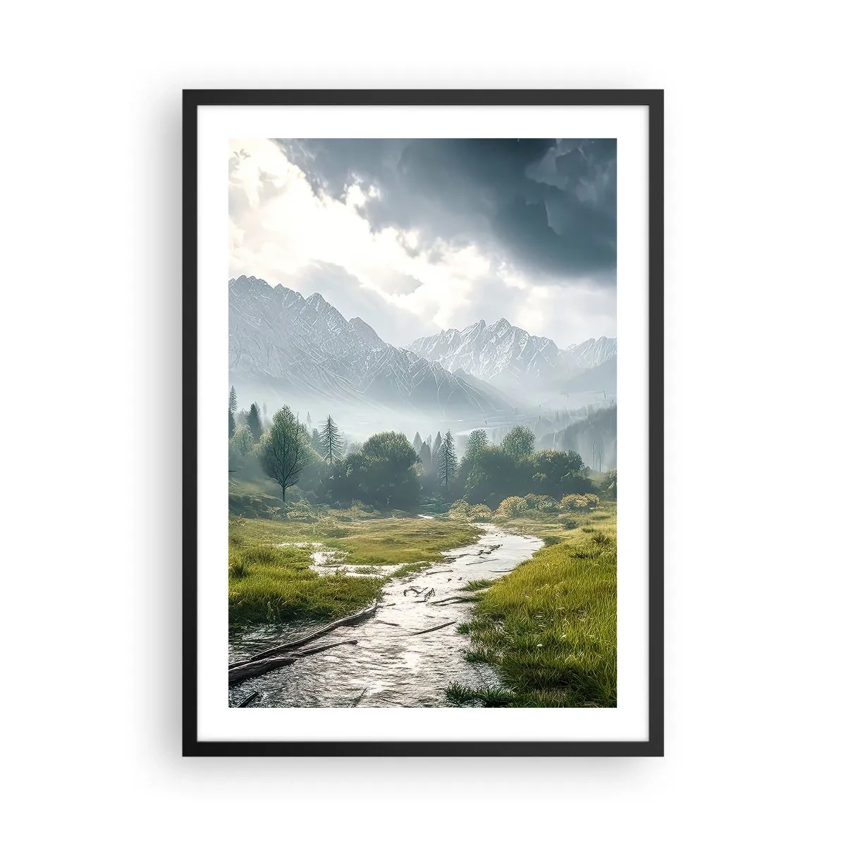 Plakat w czarnej ramie - Górska dolina z rzeką i majestatycznymi górami w tle - 50x70cm - Tam i z powrotem - Nowoczesna dekoracja ścienna do salonu i sypialni ARTTOR