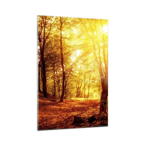 Obraz na szkle - Jesienna polana w złocistym świetle słońca z leśną ścieżką - 80x120cm - Ku złotej polanie - Nowoczesna dekoracja ścienna do salonu i sypialni ARTTOR
