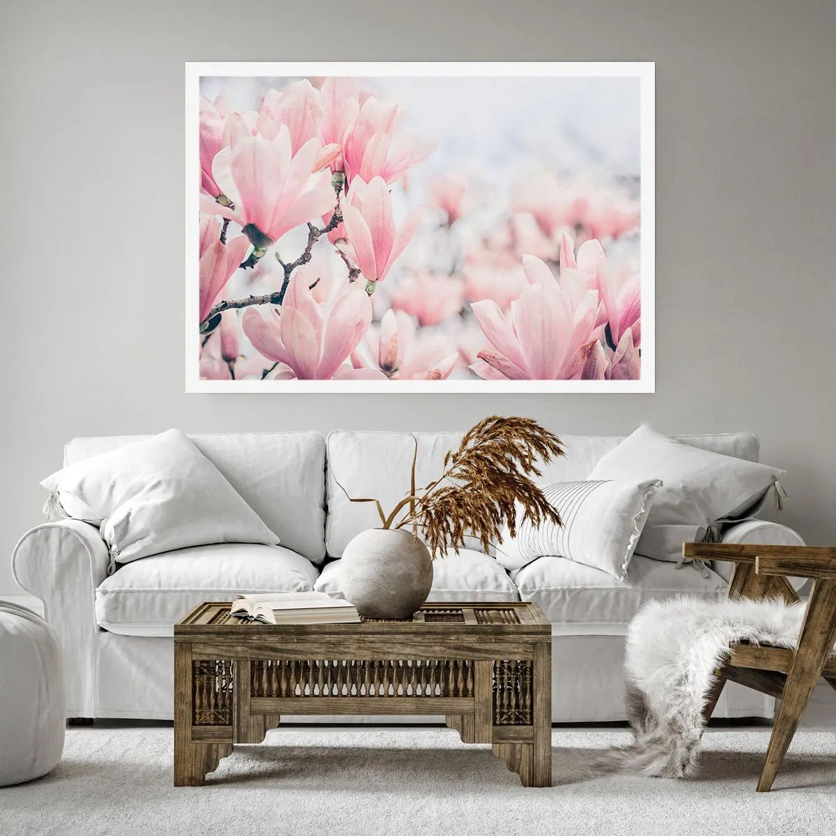 Plakat - Subtelne kwiaty magnolii w delikatnych różowych odcieniach - 100x70cm - Ideał subtelności - Nowoczesna dekoracja ścienna do salonu i sypialni ARTTOR