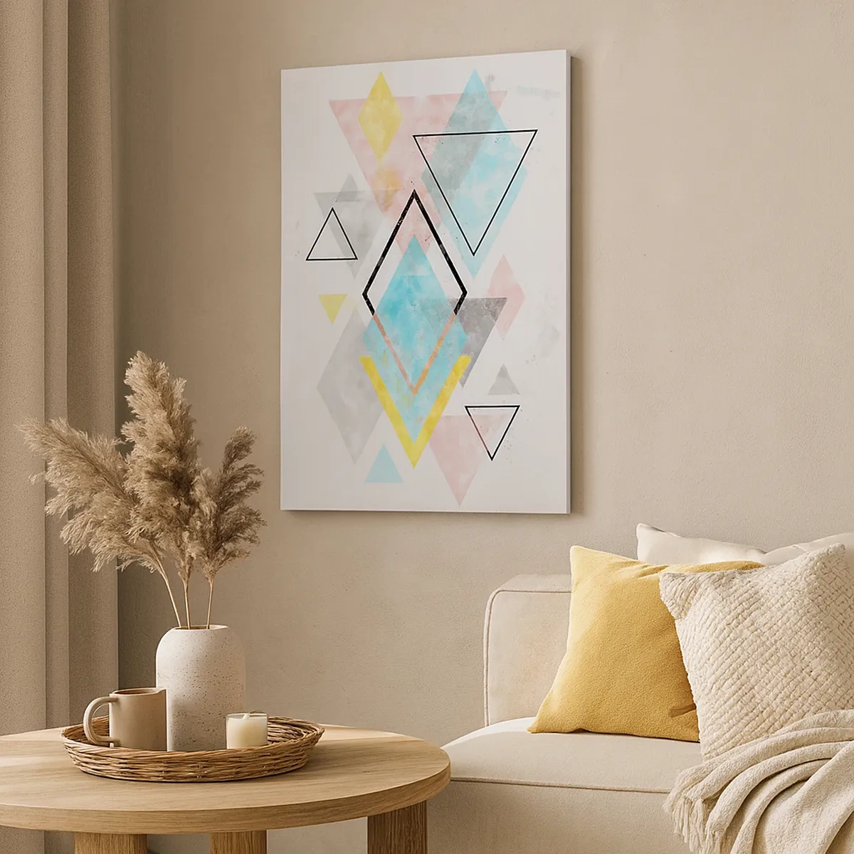 Obraz na płótnie - Abstrakcyjna kompozycja geometryczna z pastelowymi trójkątami - 50x70cm - Igraszka geometryczna - Nowoczesna dekoracja ścienna do salonu, kuchni i sypialni ARTTOR