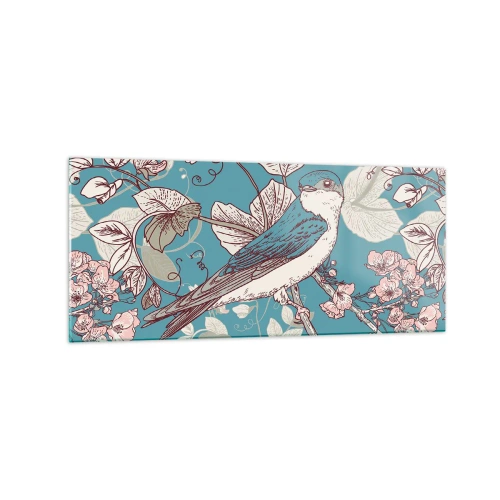 Obraz na szkle - Ptak na gałęzi w delikatnym floralnym stylu - 120x50cm - W białodrzewiu ćwirnie i srebliście - Nowoczesna dekoracja ścienna do salonu i sypialni ARTTOR