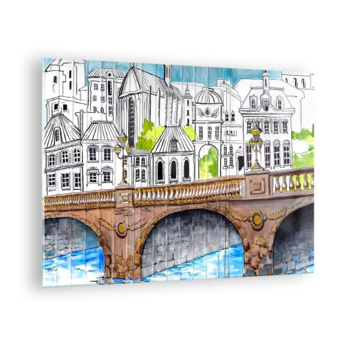 Obraz na szkle - Most i architektura miejskiej zabudowy w formie szkicu akwarelowego - 70x50cm - Miasto jak malowane - Nowoczesna dekoracja ścienna do salonu i sypialni ARTTOR