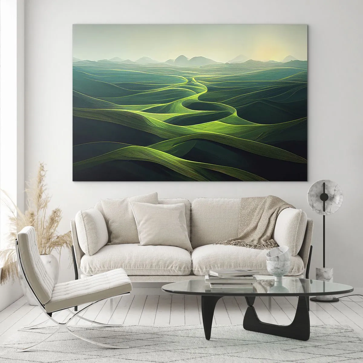 Obraz na szkle - Zielone wzgórza i doliny oświetlone promieniami słońca - 70x50cm - W zielonych dolinach - Nowoczesna dekoracja ścienna do salonu i sypialni ARTTOR