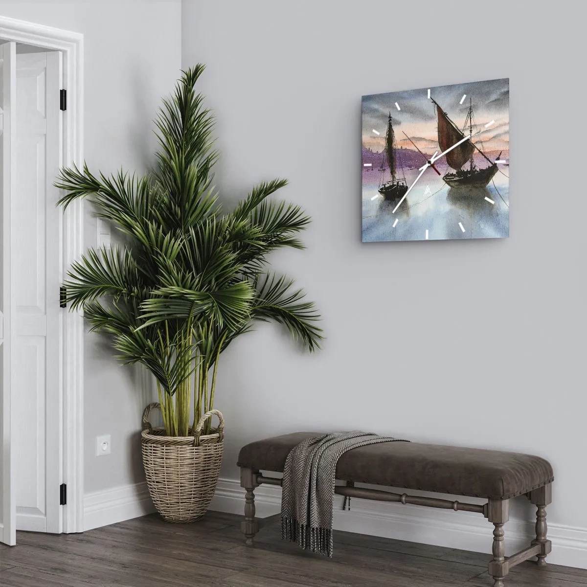 Zegar ścienny - Dwa żaglowce zacumowane na spokojnej wodzie o zmierzchu - 30x30cm - Wieczór w porcie - Nowoczesna dekoracja ścienna do salonu i sypialni ARTTOR