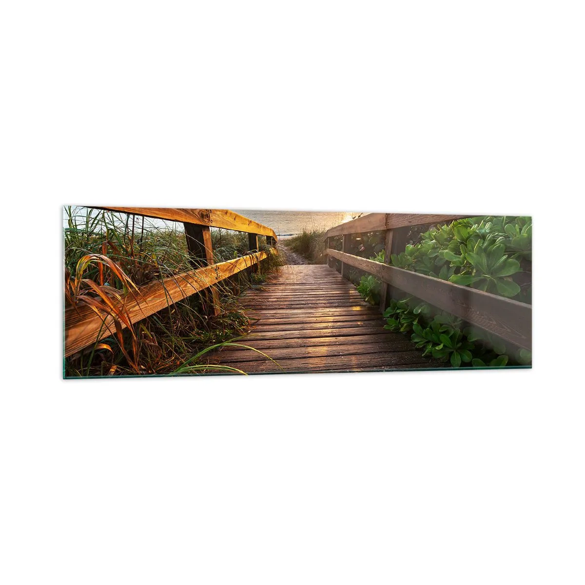 Obraz na szkle - Drewniany pomost prowadzący na plażę o zachodzie słońca - 160x50cm - I wprost nad brzeg - Nowoczesna dekoracja ścienna do salonu i sypialni ARTTOR