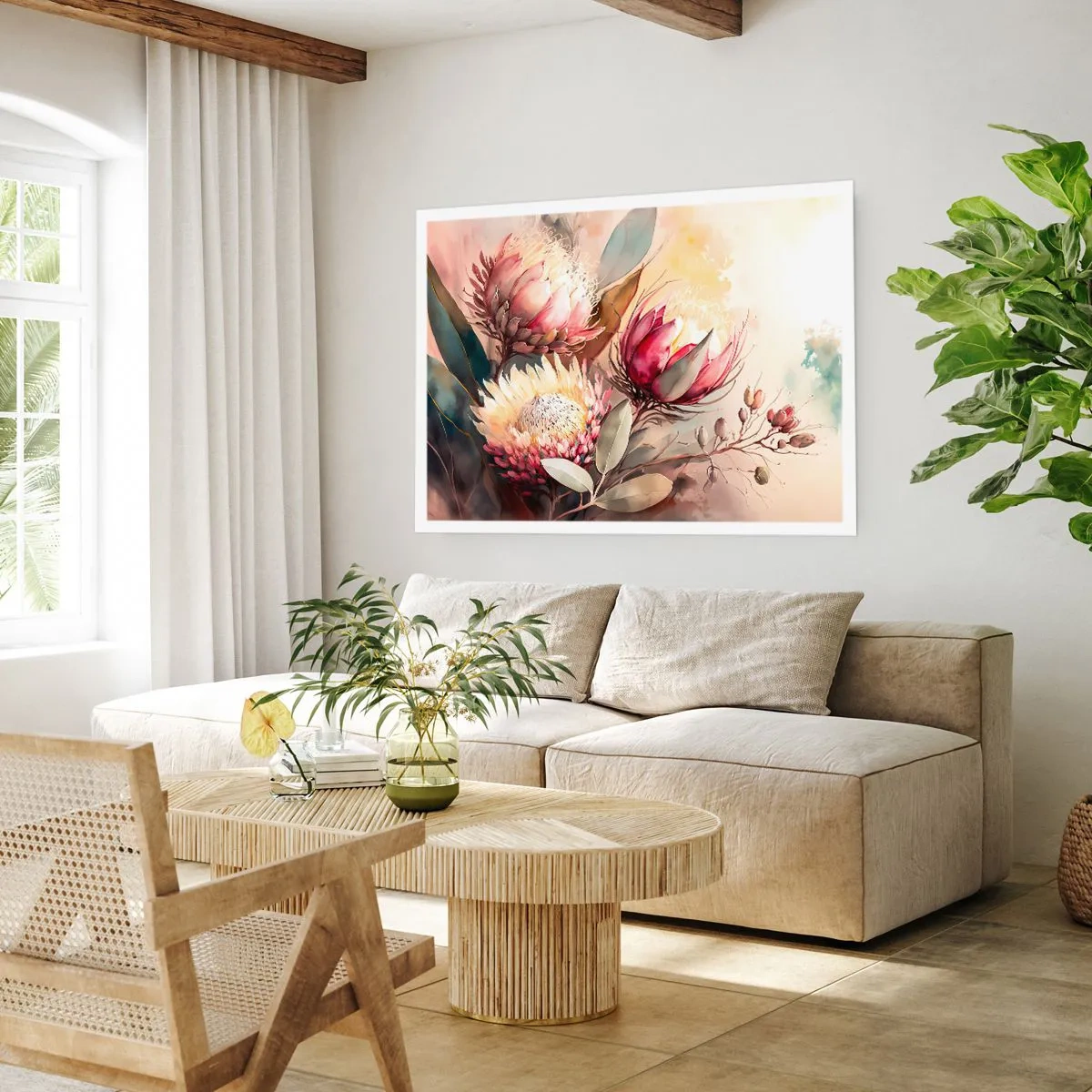 Plakat - Kwiaty protei w delikatnych pastelowych odcieniach - 100x70cm - Z profilu i en face - Nowoczesna dekoracja ścienna do salonu i sypialni ARTTOR