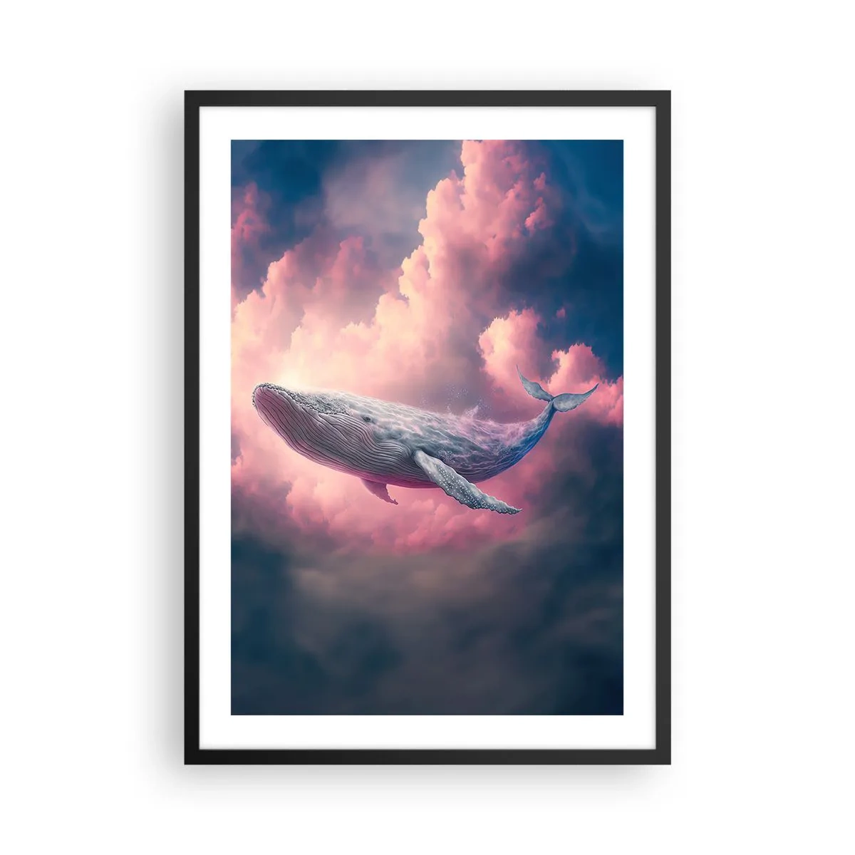 Plakat w czarnej ramie - Latający wieloryb wśród różowych chmur o zachodzie słońca - 50x70cm - Przetrzyj oczy - Nowoczesna dekoracja ścienna do salonu i sypialni ARTTOR