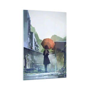 Obraz na szkle - Postać z parasolem w deszczowym mieście - 70x100cm - Ożywczy deszcz - Nowoczesna dekoracja ścienna do salonu i sypialni ARTTOR